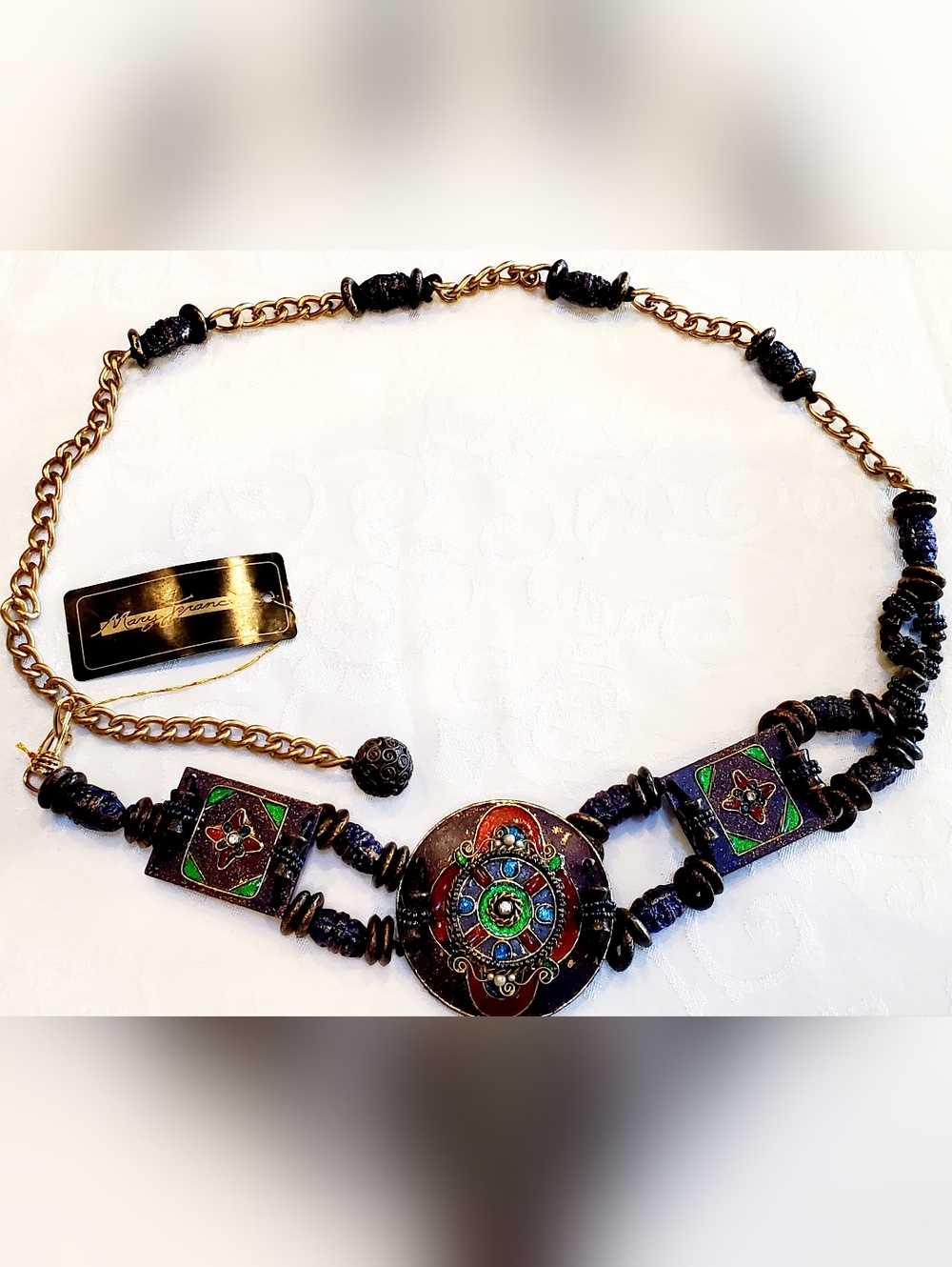 Mary Frances Gold-Tone Chain Belt with Multicolor Enamel Medallions 41"Length